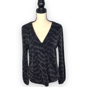 INC International Concepts Black Silver Metallic V Neck Tunic Top Shimmer Medium